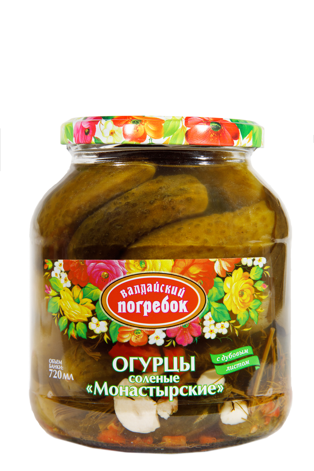 Огурчики «Монастырские» солёные с дубовым листом «Валдайский погребок» 720 мл.